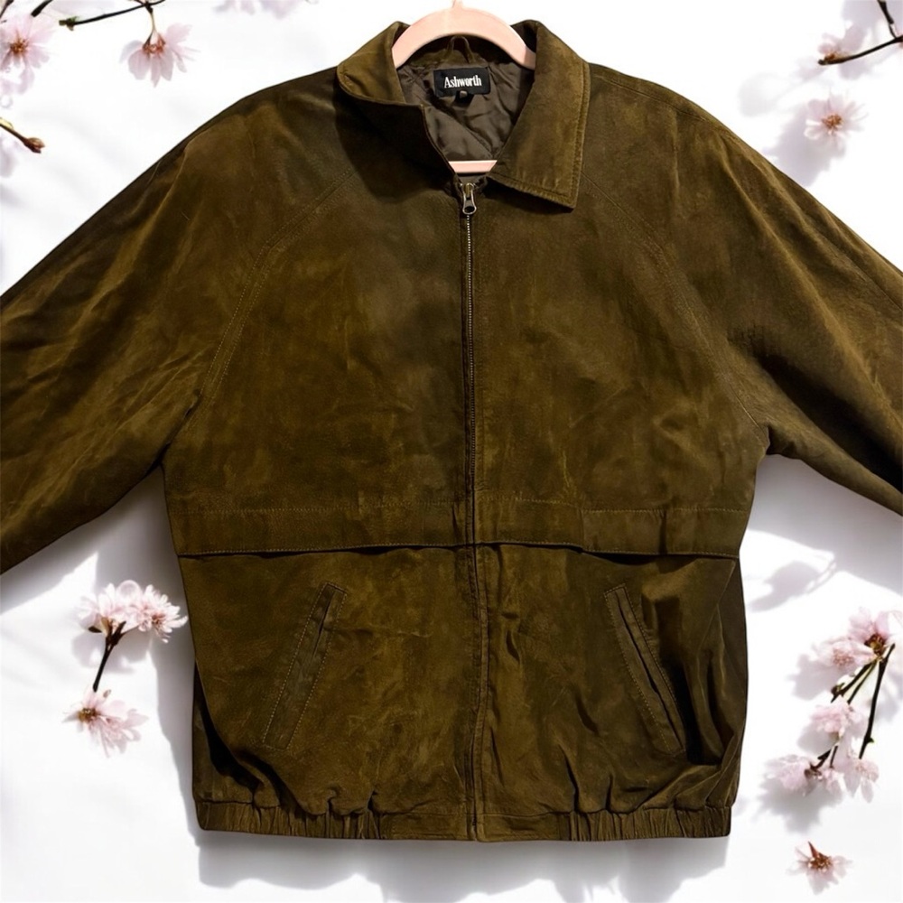 VTG Ashworth Water Repellent Pig Suede Olive Green Brown Men's Jacket Medium - Picture 3 of 13